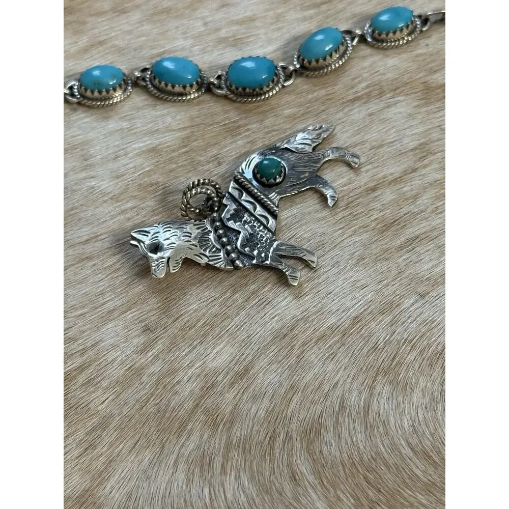 Native American 925 SW Sterling Silver Turquoise Husky Wolf Dog Pendant Detailed - Picture 2 of 9